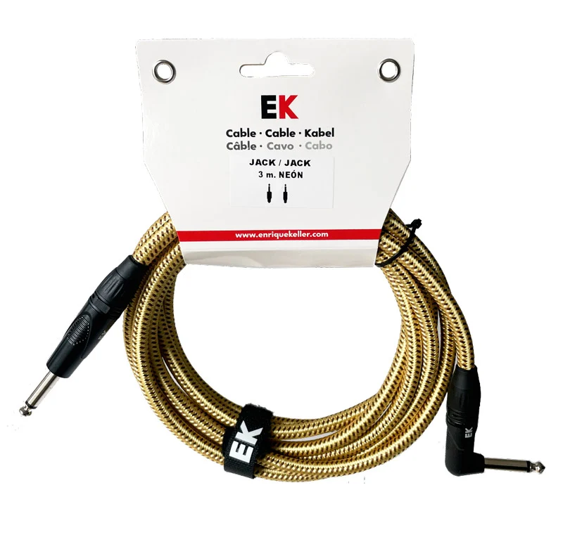 AUVISA SFJJ0133N2 CABLE INSTRUMENTO JACK RECTO JACK ACODADO NEON TELA TRENZADA DORADA 3 METROS