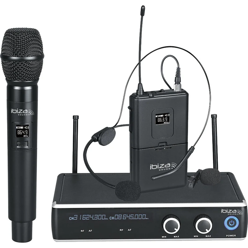 IBIZA SOUND DR20UHF-HB DOBLE RECEPTOR UHF CON MICROFONOS DE MANO DE DIADEMA Y LAVALIER